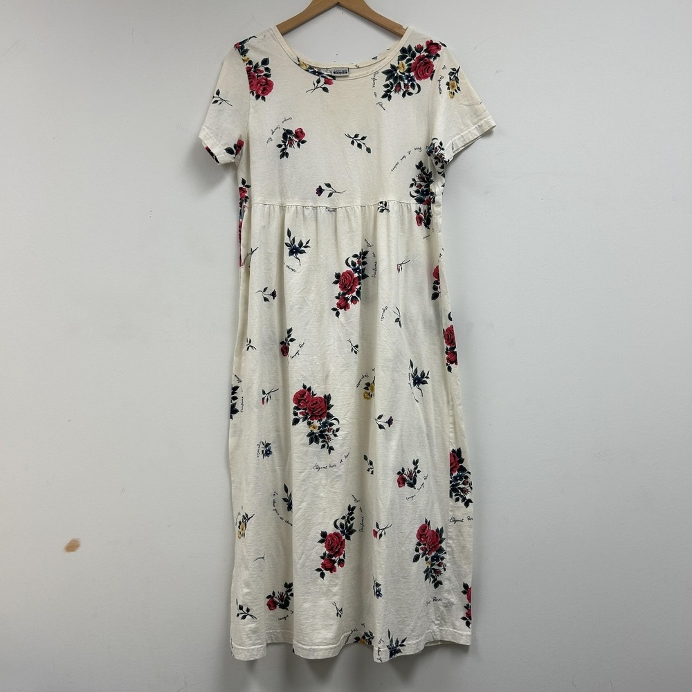 Vintage Action Gear Dress Womens Large White Floral T-Shirt Midi Empire Waist